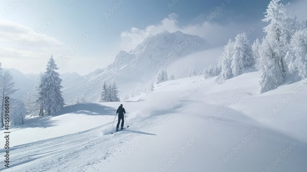 Man skiing on the prepared slope with fresh new powder snow in Tyrolian Alps, Zillertal, Austria