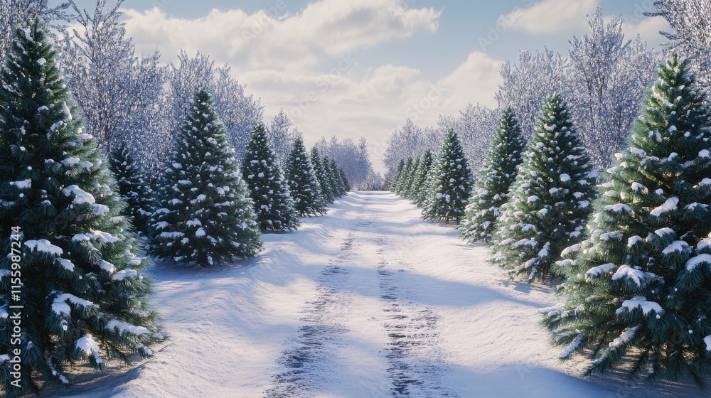 Obraz premium Snow-covered Christmas tree farm with rows of evergreen trees on a winter day