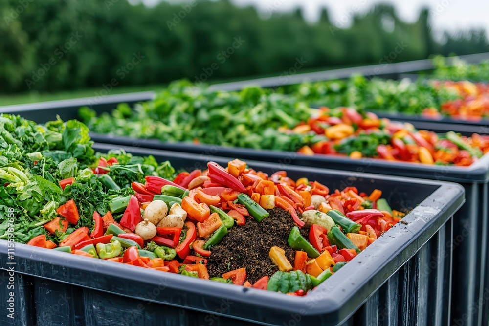 Food waste drives the circular economy. Vibrant vegetables in large bins at a farm or market. Food waste drives the circular economy. Vibrant vegetables in large bins at a farm or market.