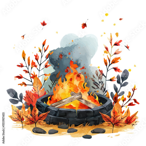 A watercolor drawing of a fire pit surrounded by autumn foliage, perfect for a cozy evening, isolated on a white background. Fire pit vector.
