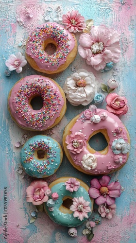 Colorful donuts decorated with sprinkles served on a blue background