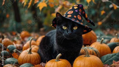 A black cat plushie wearing a witch hat