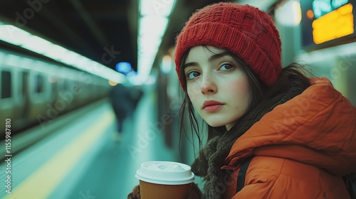Young woman with blue eyes and orange beanie waits at the subway station, hol...