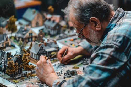 Elderly man painting miniature models of houses and landscapes photo