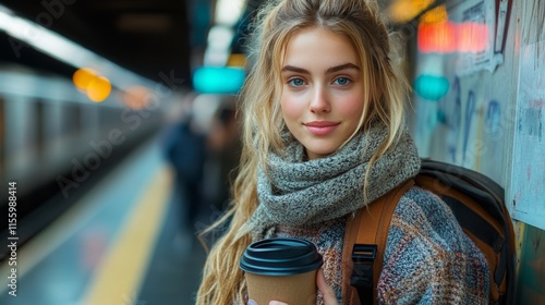 Young woman with blue eyes and orange beanie waits at the subway station, hol...