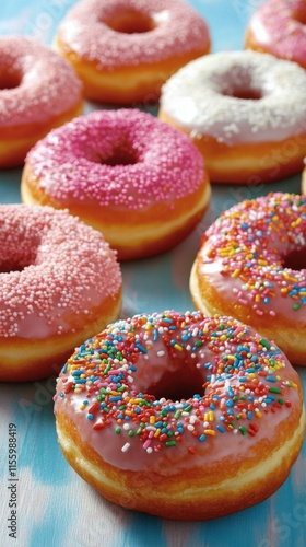 Colorful donuts decorated with sprinkles served on a blue background