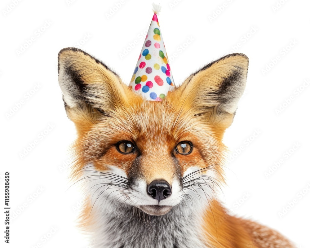 Fototapeta premium Red Fox Birthday Party: Cute Funny Fox Celebrating with Balloons and Party Hat