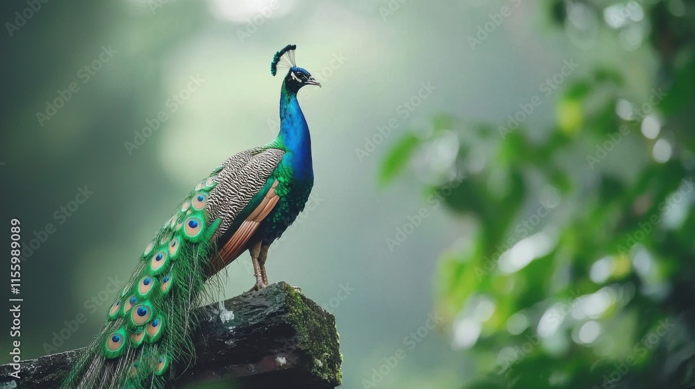 Obraz premium Vibrant peacock displaying colorful feathers in spring nature scene