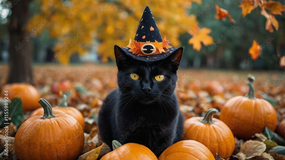 A black cat plushie wearing a witch hat A black cat plushie wearing a witch hat
