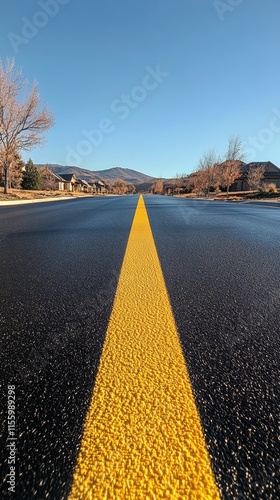 Yellow line on wet road stretching into cloudy horizon on a rainy day