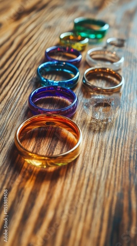Colorful geometric arrangement of metal rings on a wooden surface in a creati...