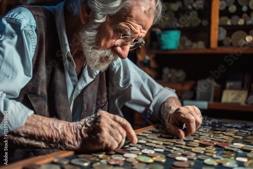 An elderly man meticulously examining his coin collection under soft lighting photo