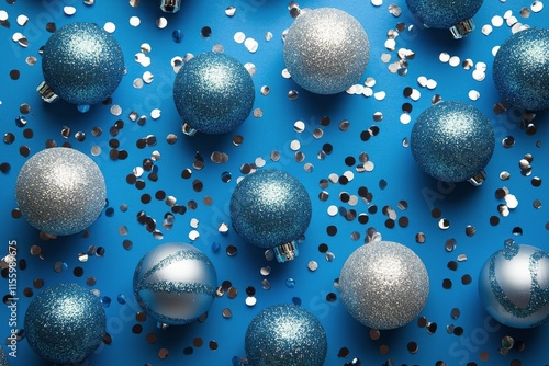 Sparkling blue and silver ornaments scattered on a vibrant background for fes...