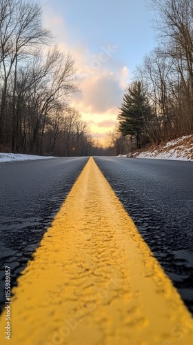 Yellow line on wet road stretching into cloudy horizon on a rainy day