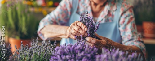 Elderly woman arranging lavender in a sunny, cozy environment