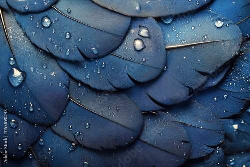 Close-up of a blue feather with water droplets highlighting its intricate det...