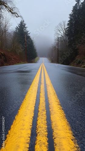 Yellow line on wet road stretching into cloudy horizon on a rainy day