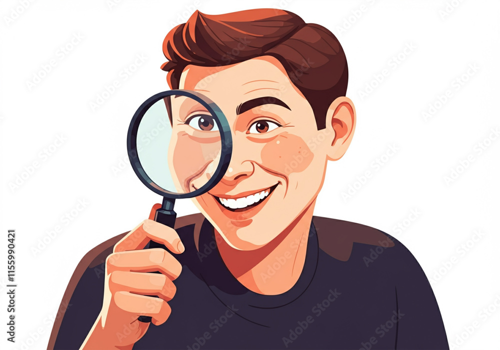 Cartoon detective character holding a magnifying glass with a smile Cartoon detective character holding a magnifying glass with a smile