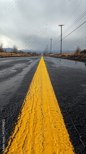 Yellow line on wet road stretching into cloudy horizon on a rainy day