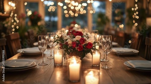 Romantic dinner setting with candles and roses in cozy restaurant at night