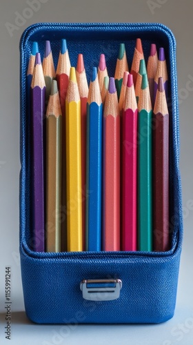Colorful pencil case filled with assorted colored pencils neatly arranged for...