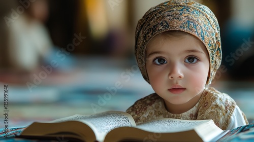 Young child reading a holy book in a serene environment during morning light