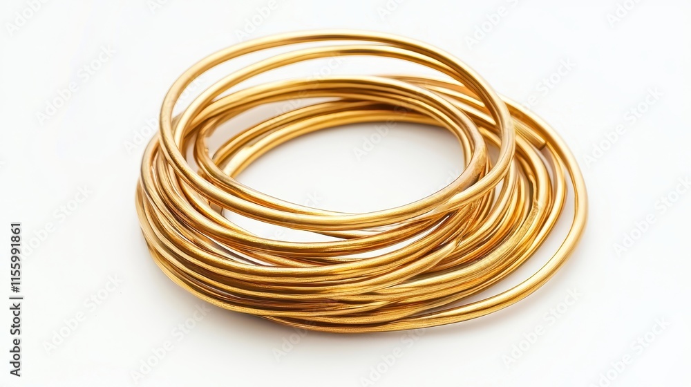 A set of gold bracelets arranged neatly on a white isolated background A set of gold bracelets arranged neatly on a white isolated background