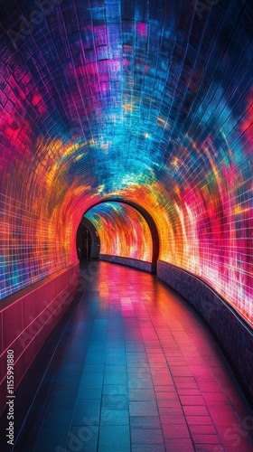 Vibrant light display in a colorful underground tunnel during evening hours