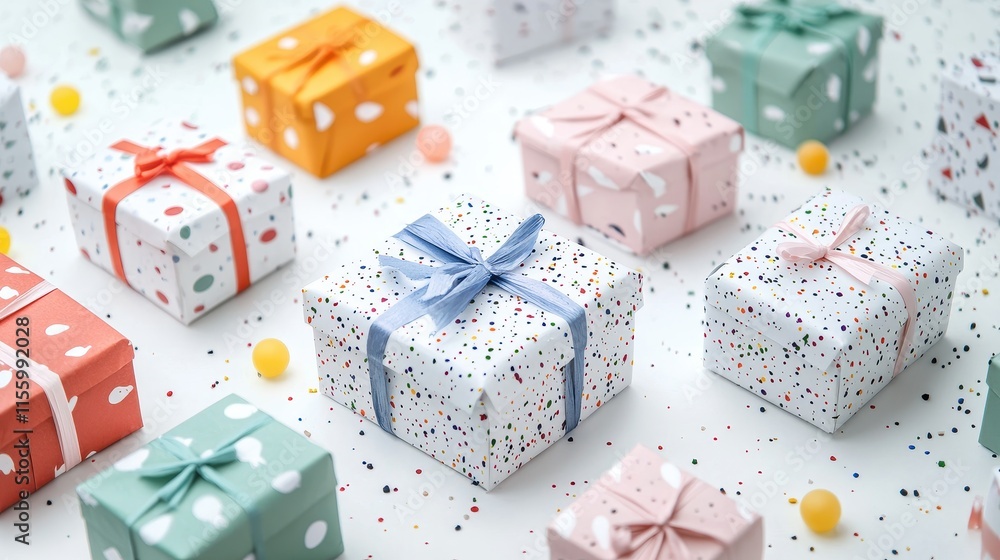 A collection of birthday gift boxes with colorful wrapping paper on a white background A collection of birthday gift boxes with colorful wrapping paper on a white background