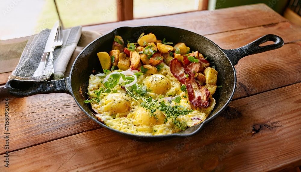 Delicious rustic country breakfast with fried eggs, bacon, and potatoes Delicious rustic country breakfast with fried eggs, bacon, and potatoes