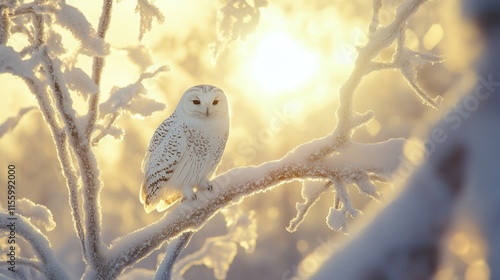 White owl perching stoically on a frost covered branch backlit by the pale wintry sun frozen lands