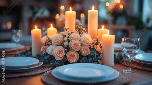 Romantic dinner setting with candles and roses in cozy restaurant at night