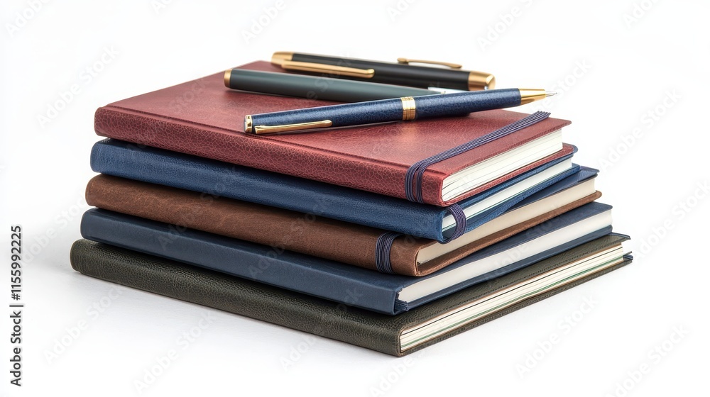 A stack of notebooks and pens arranged neatly on a white isolated background