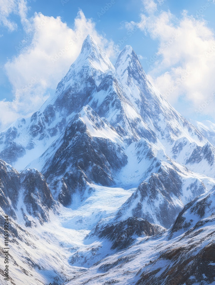 Fototapeta premium Travel, adventure, trekking, hiking and extreme sport concept. Amazing scenic landscape of splendid ancient mountains with white craggy peaks covered with snow and ice on cold sunny winter day