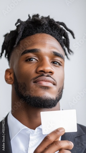 A man in a suit holding a business card
