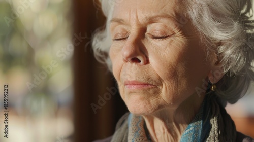 Elderly woman taking deep breaths, meditating in calm sunlight near a window photo