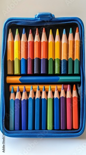 Colorful pencil case filled with assorted colored pencils neatly arranged for...