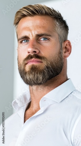 A man with a beard wearing a white shirt