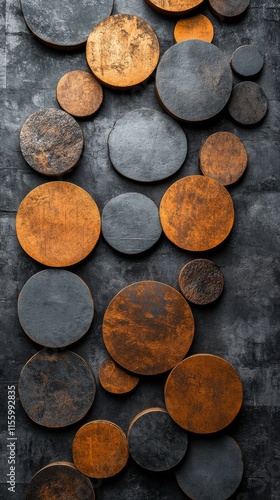 Decorative wooden circles arranged on a textured wall in a contemporary setting