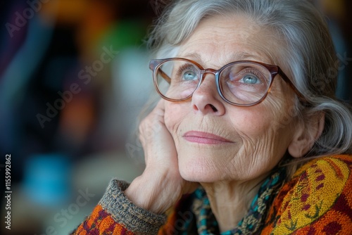 Elderly woman with thoughtful expression wearing glasses and cozy sweater ind...