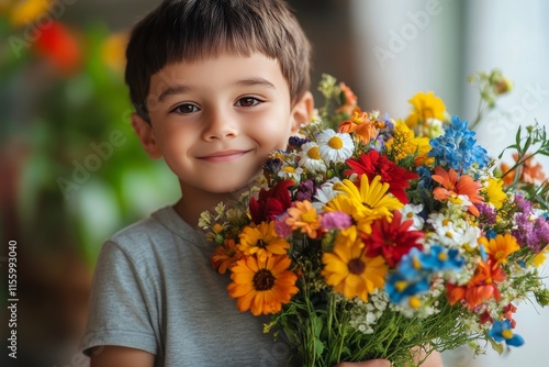 Young boy happily holding a colorful bouquet of flowers in a vibrant setting
