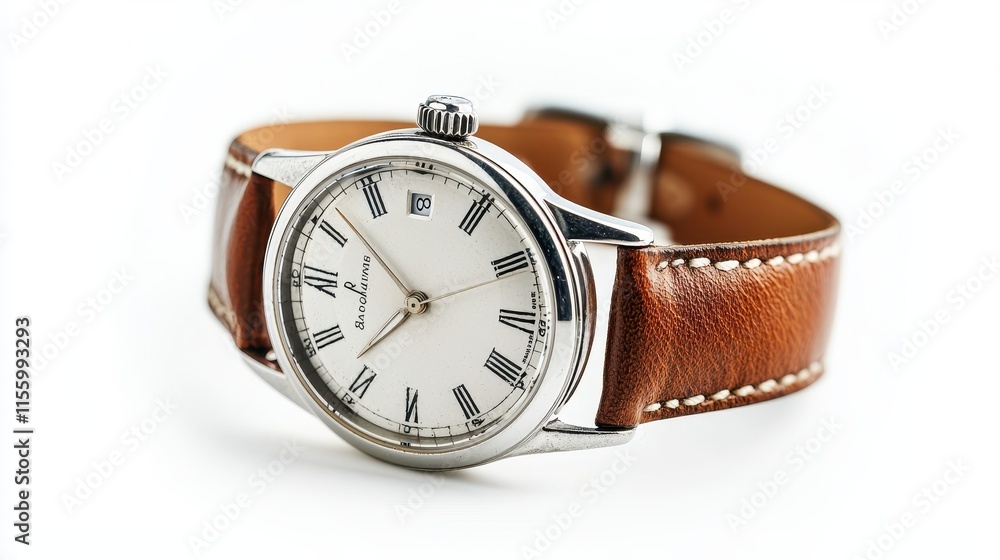 A classic wristwatch with a leather band and silver dial on a white isolated background A classic wristwatch with a leather band and silver dial on a white isolated background