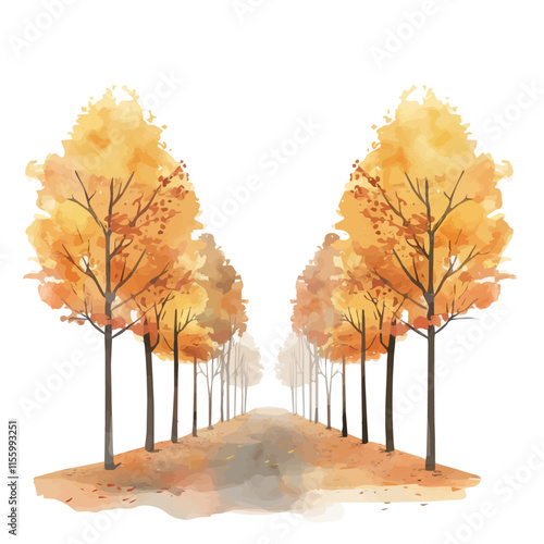 A watercolor painting of a foggy park with autumn trees lining the path, isolated on a white background. Autumn park vector.
