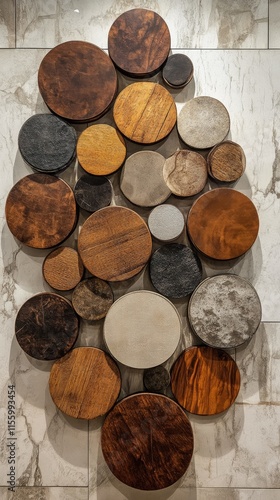 Decorative wooden circles arranged on a textured wall in a contemporary setting