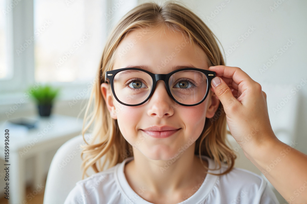 Young girl with glasses smiling while someone adjusts her eyewear indoors Young girl with glasses smiling while someone adjusts her eyewear indoors