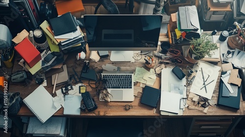 Messy and cluttered office desk with copy space 