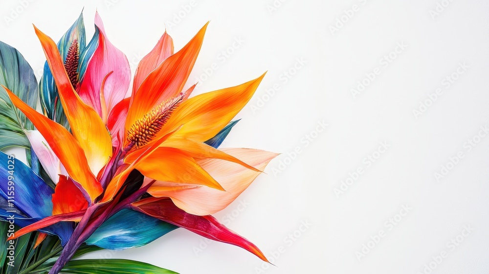 A vibrant tropical flower with vivid colors on a white isolated background A vibrant tropical flower with vivid colors on a white isolated background