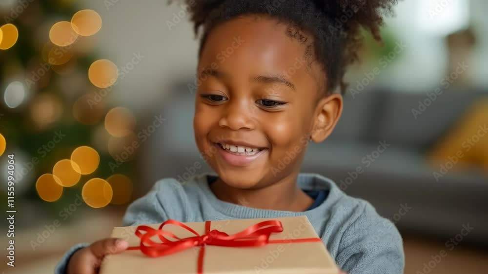 A young child smiles brightly while holding out a beautifully wrapped present adorned with a ribbon A young child smiles brightly while holding out a beautifully wrapped present adorned with a ribbon