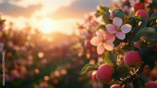 Blossoming cherry trees lining a serene pathway at sunset in springtime lands...