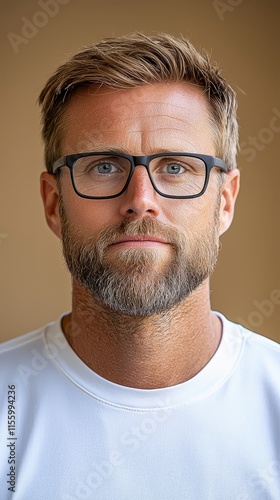 A man with a beard wearing glasses and a white shirt